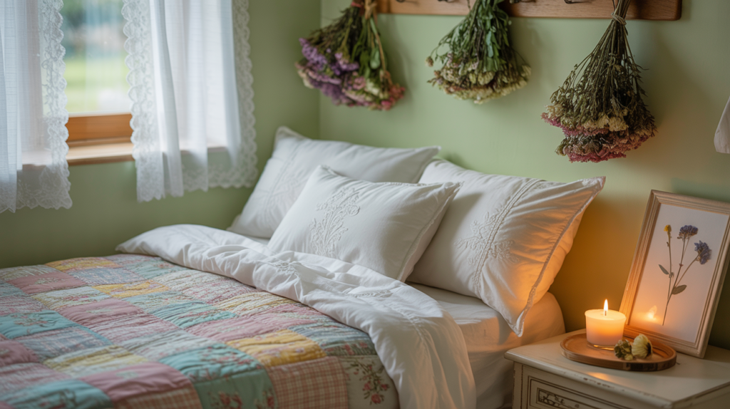 Cottagecore bedroom with floral patchwork quilt and dried flowers on a budget