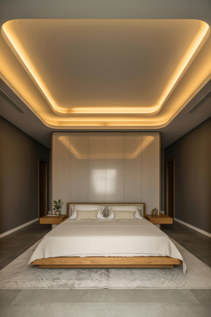 Modern bedroom with elegant cove lighting installed along the ceiling edges casting a soft indirect warm glow across the room