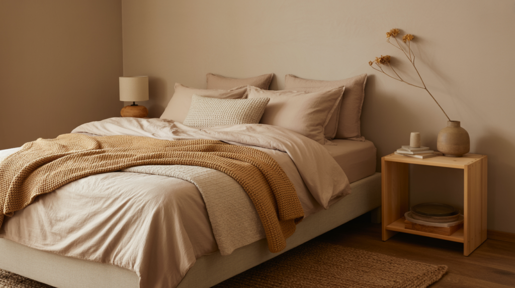 Cozy neutral bedroom with chunky knit throw and warm beige tones on a budget