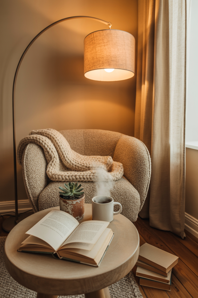 Cozy bedroom reading corner with boucle armchair, chunky knit throw, steaming mug, and warm arc floor lamp by window