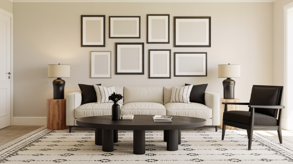 Cream and black living room with gallery wall, black coffee table, and black accent chair in natural daylight