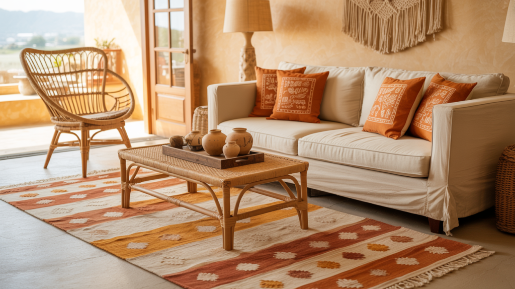 Cream and burnt orange bohemian living room with kilim rug, rattan furniture, and block-print cushions