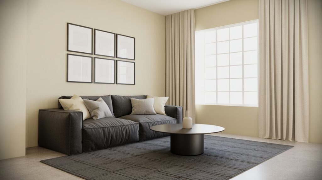 Cream and charcoal living room with gray sofa, black picture frames, and geometric rug in natural light