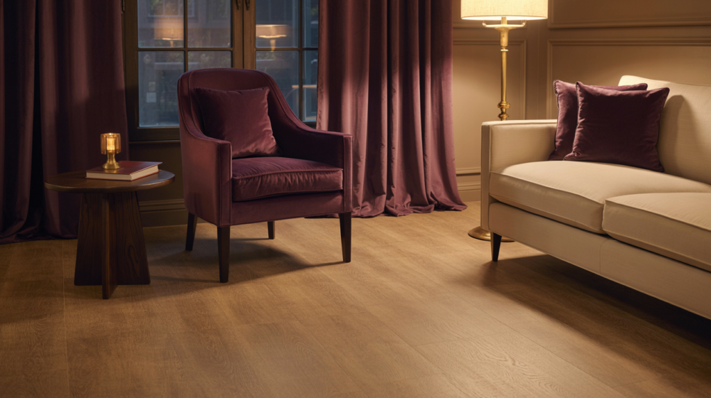 Cream living room with deep plum velvet armchair, plum curtains, and brass floor lamp in warm evening light