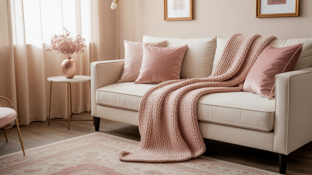 Cream and dusty rose living room with velvet cushions, blush pink throw, and brass accents in soft natural light