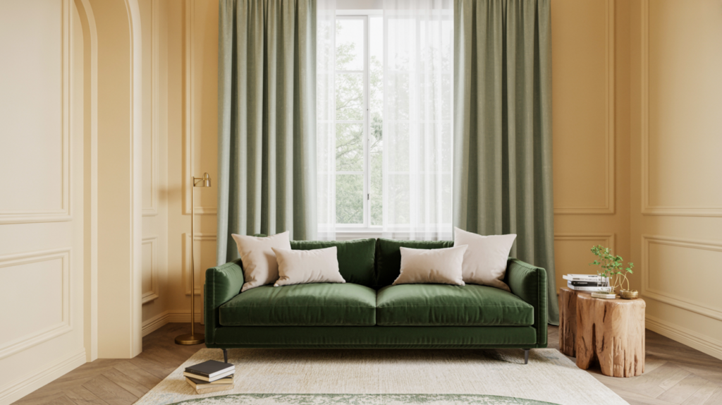 Cream living room with deep forest green velvet sofa, brass floor lamp, and sage linen curtains