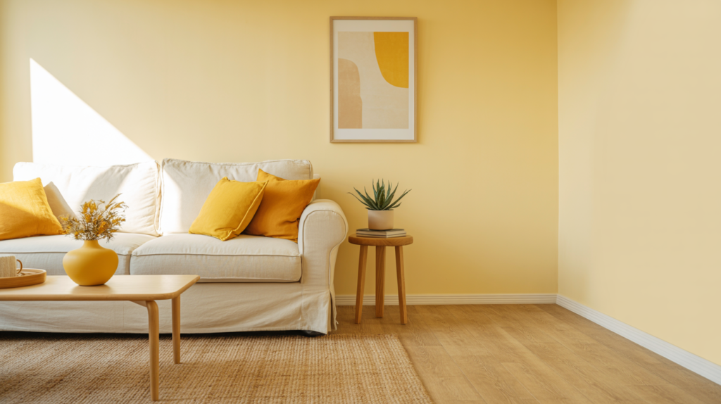 Cream and mustard yellow living room with golden cushions, ceramic vase, and jute rug in bright morning light