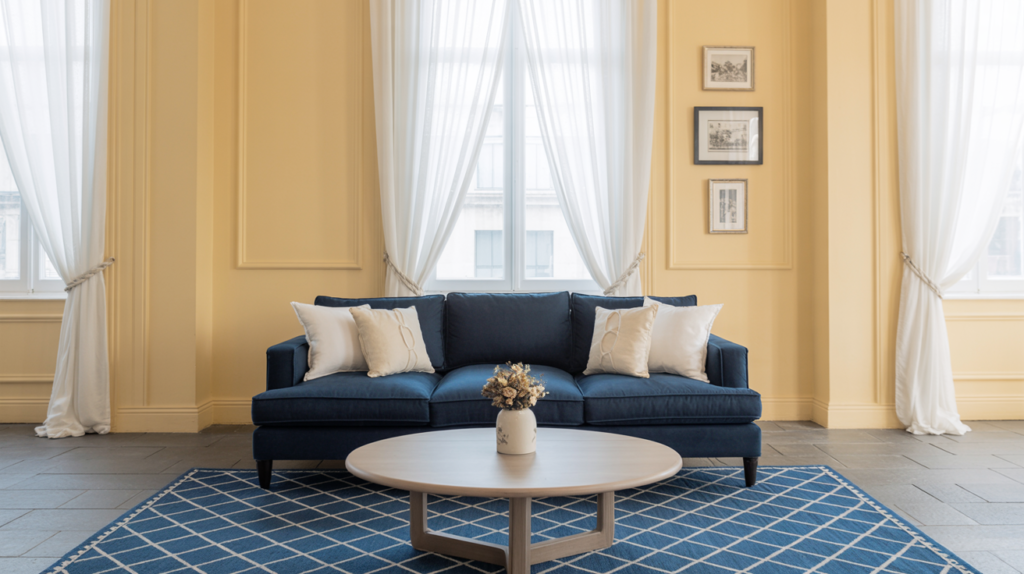 Cream and navy blue living room with geometric rug, light wood coffee table, and framed wall prints