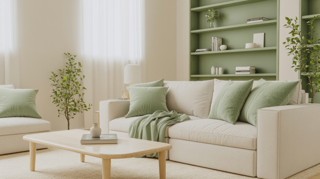 Cream and sage green living room with built-in shelving, linen cushions, and indoor plants in soft natural light