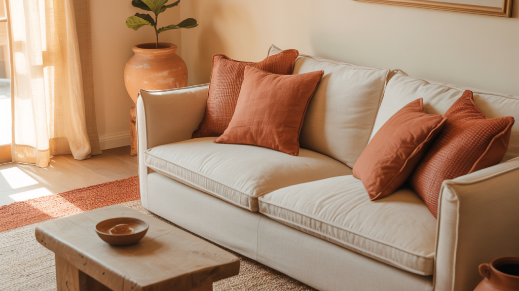 Cream and terracotta living room with rust cushions, clay pot, and jute rug in warm afternoon light