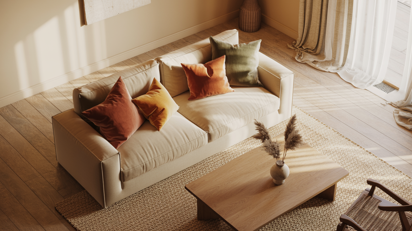 Cream living room with bold accent color combinations including terracotta, mustard, and sage green cushions on a linen sofa