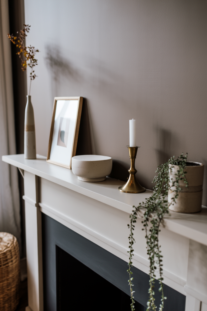 Asymmetrically styled fireplace mantel with ceramic vase, leaning art, brass candlestick and trailing plant on grey chimney breast