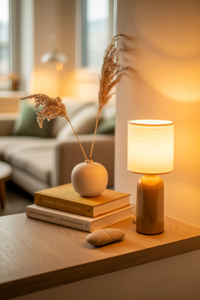 Styled half wall ledge vignette with small table lamp, stacked books, ceramic vase, and dried pampas stems