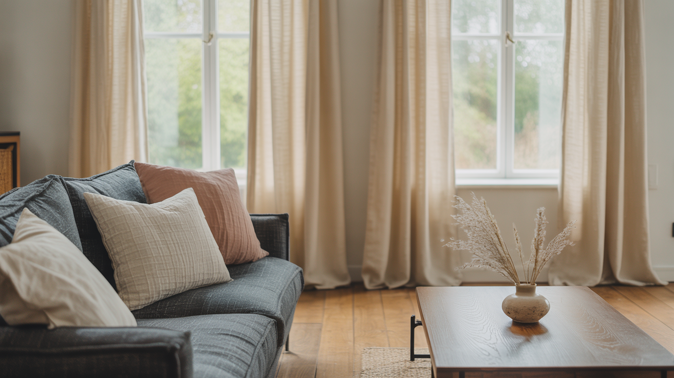 Stylish living room with floor-length ivory linen curtains and natural light