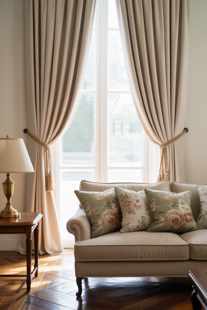 Cream living room curtains with elegant rope tiebacks framing a bright window