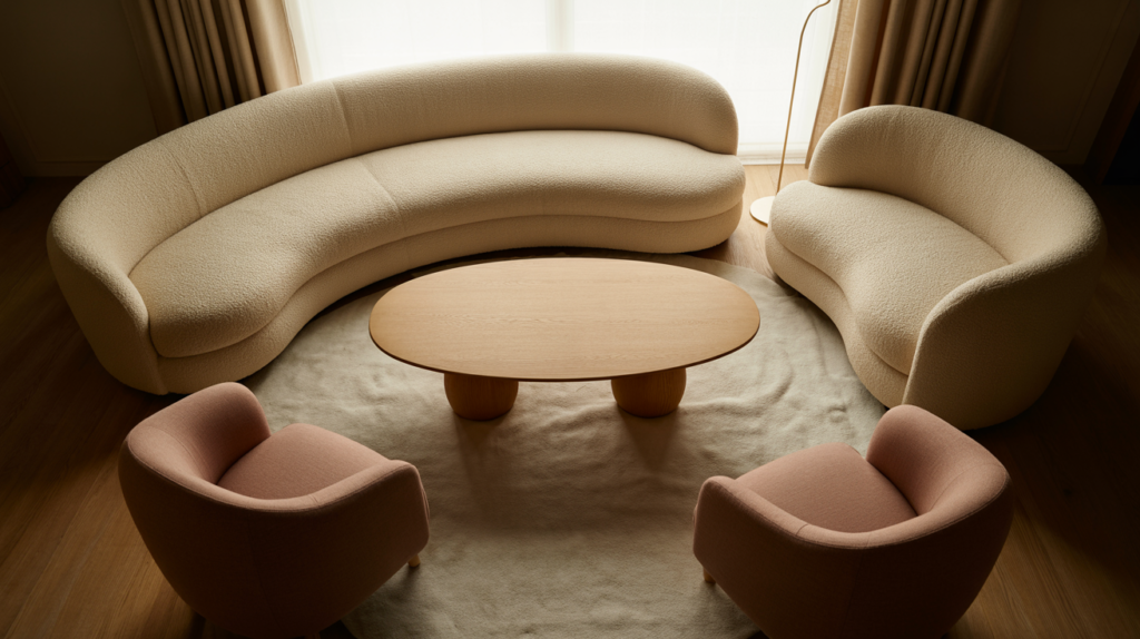 Curved boucle sofa and rounded accent chairs in a warm living room showing 2026 curved furniture trend