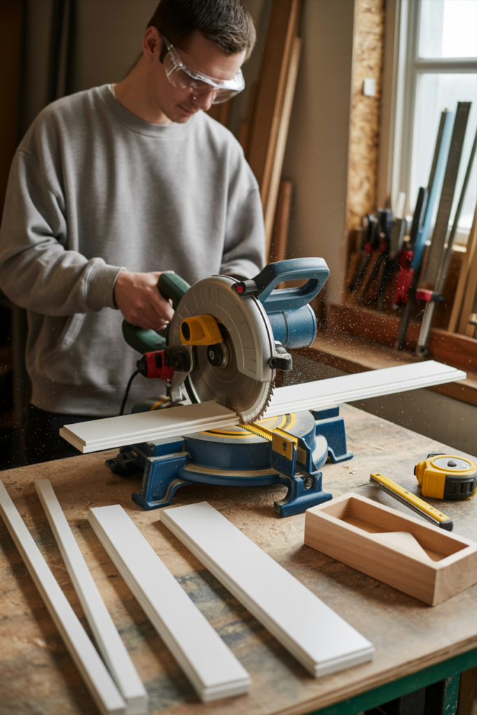 Person cutting MDF moulding strips to size with a mitre saw for chimney breast panelling