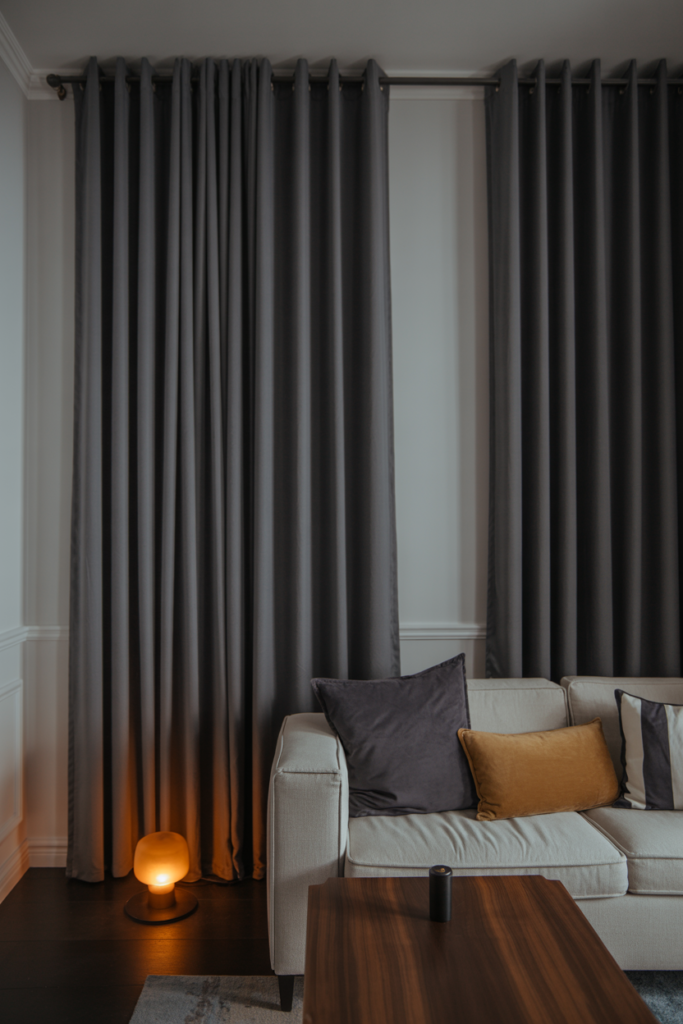 Charcoal grey dark curtains in a moody sophisticated living room with warm lighting
