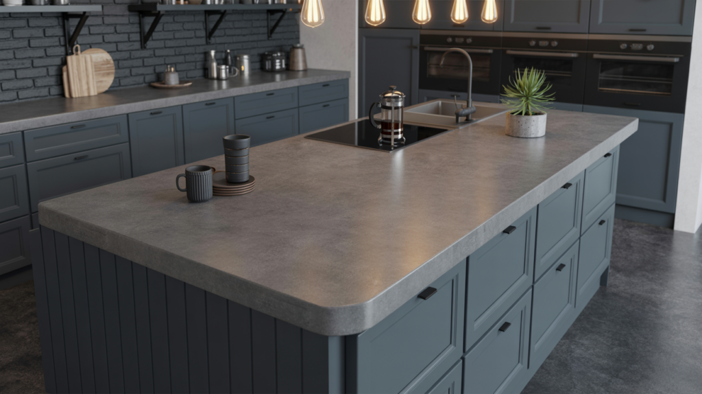Dark grey flat-panel kitchen cabinets with matte concrete countertop in a modern industrial kitchen