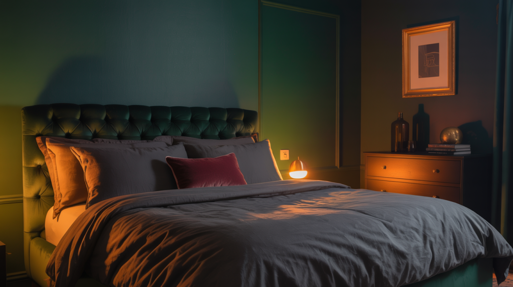 Dark and moody bedroom with forest green wall and velvet accents on a budget