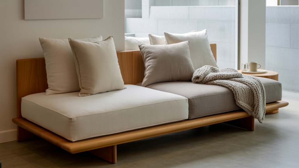 White metal daybed styled with linen pillows and a knit throw near a sunlit window in a cozy living room