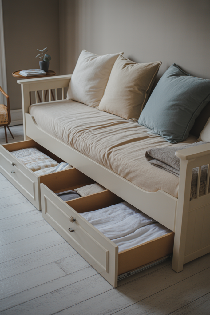 White wooden daybed with open under-bed storage drawer showing folded bedding inside, styled with cream and blue linen cushions in a living room