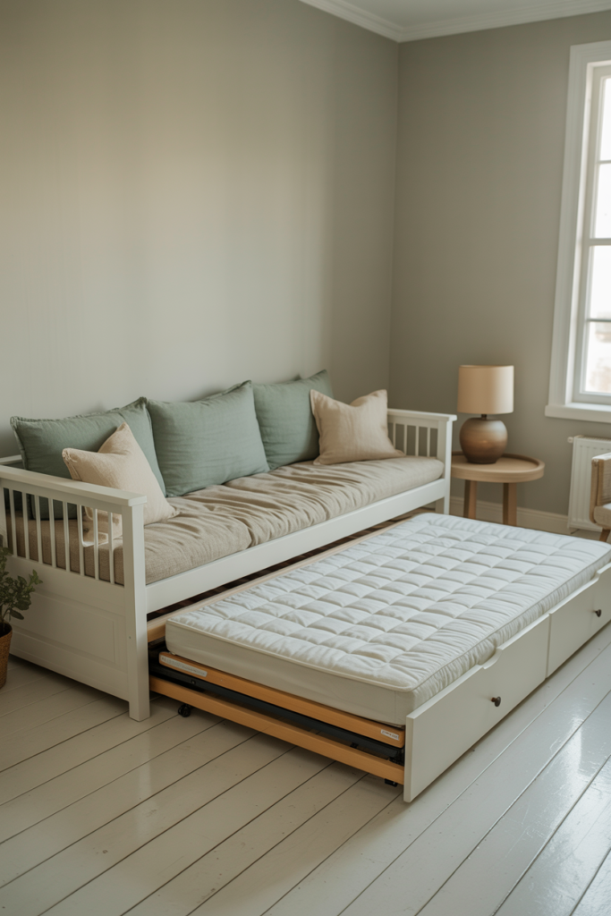 White wooden daybed with pull-out trundle bed in a small living room styled with sage green linen cushions and whitewashed wood floors
