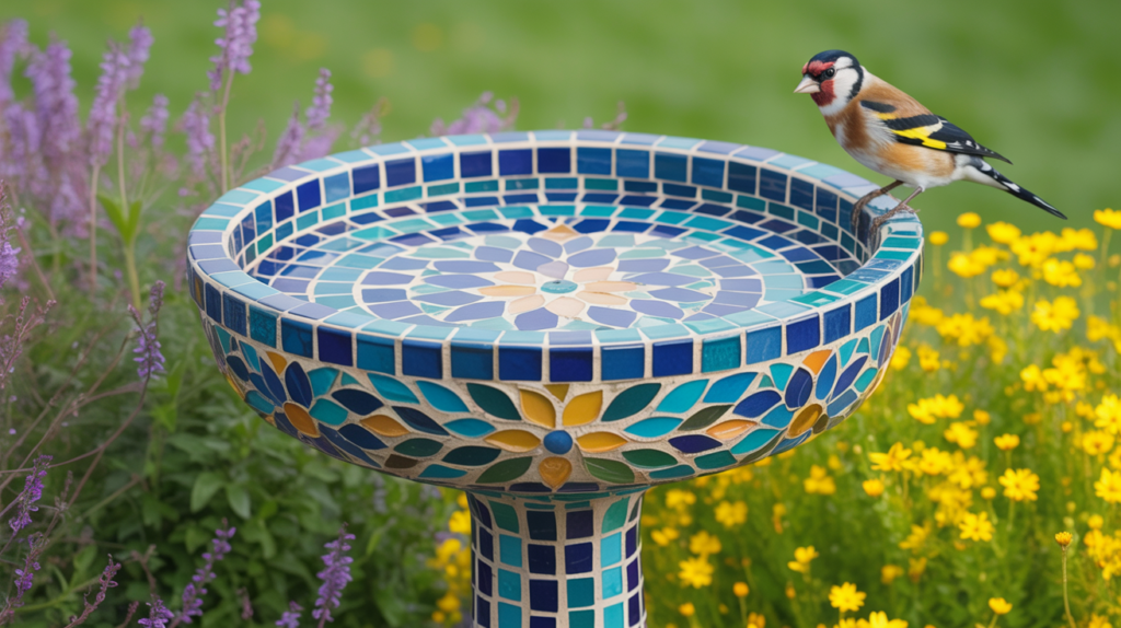 Decorative ceramic mosaic bird bath with a goldfinch perched on the rim in a sunny garden