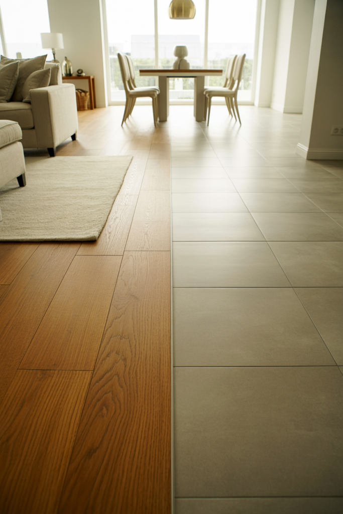Different flooring materials separating living room and dining room zones in open-plan home with oak hardwood and grey tile