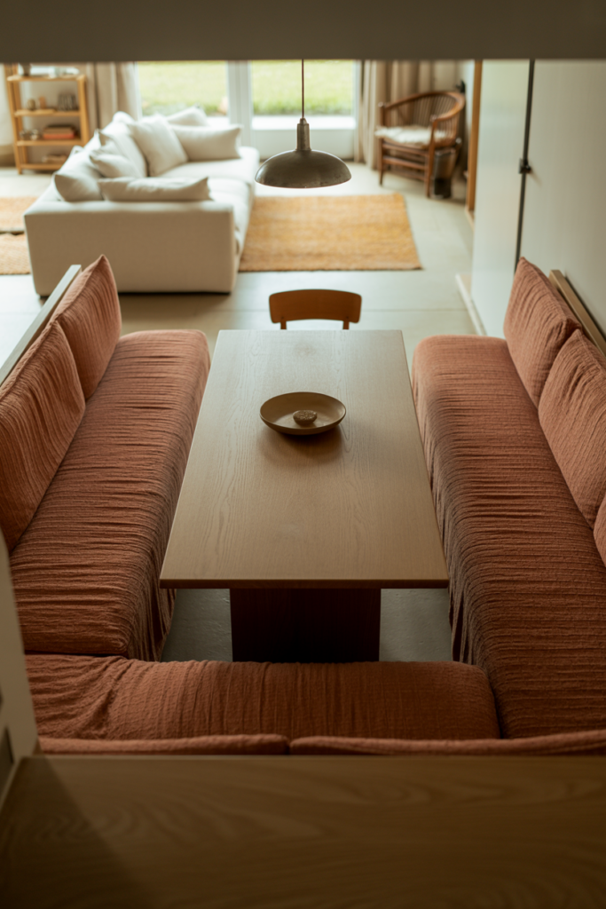 Upholstered dining bench and banquette seating creating a natural zone divider between dining and living areas in open-plan home
