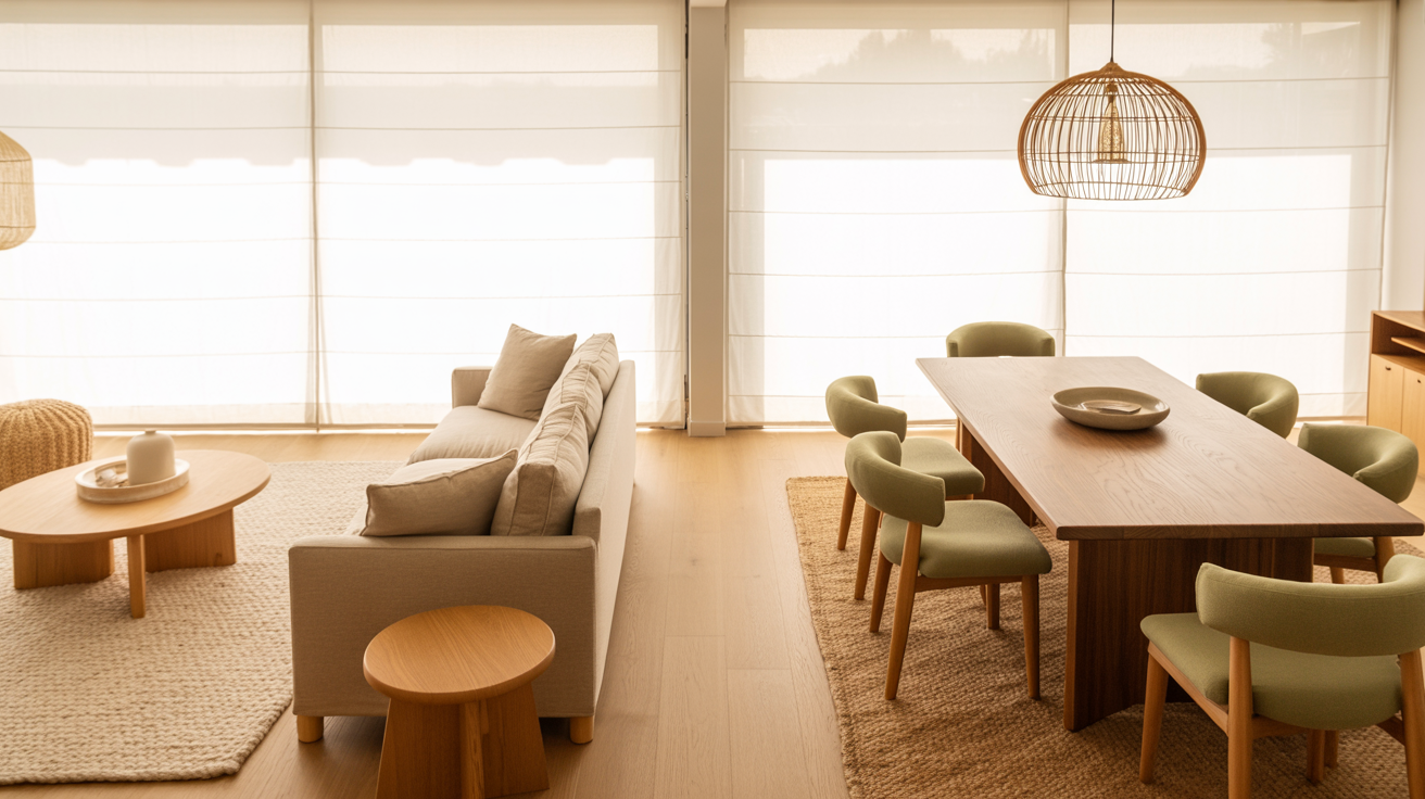 Open-plan home with living room and dining room divided without walls using rugs, sofa placement, and pendant lighting