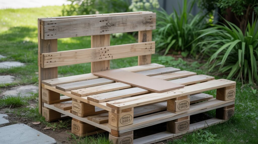 Reclaimed wooden pallets arranged as a base frame for a DIY mud kitchen