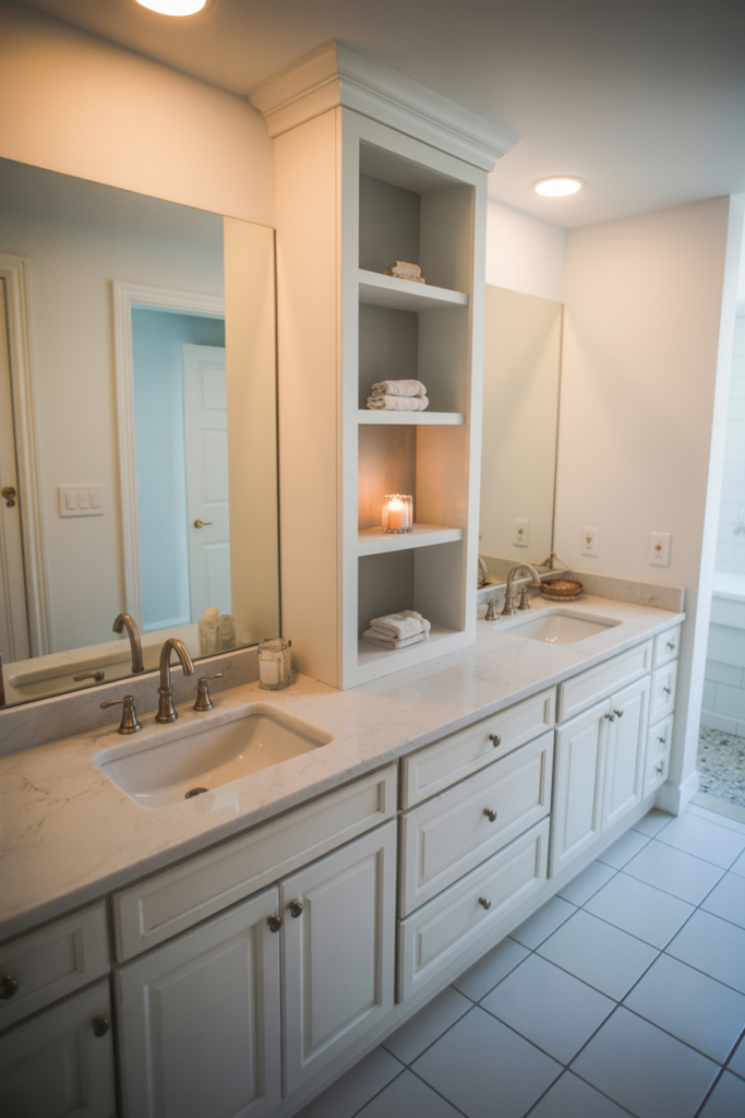 Double vanity with center storage tower in white finish inside a spacious master bathroom with marble countertop and dual mirrors