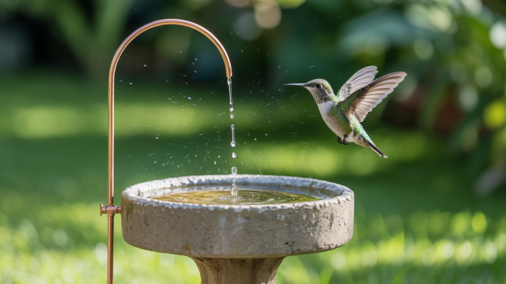 Dripper and mister bird bath attracting a hummingbird in a garden