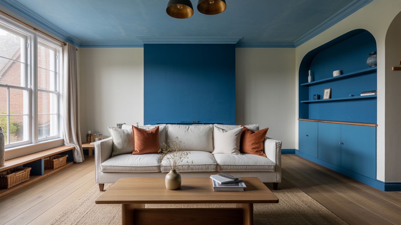 Living room styled with Dulux Rhythm of Blues 2026 paint shades from B&Q including Mellow Flow, Slow Swing and Free Groove