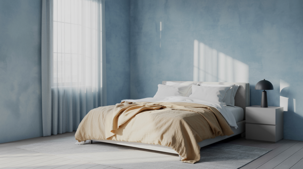 Dusty blue minimalist bedroom with white linen bedding, matte black lamp, and sheer curtains in soft natural light