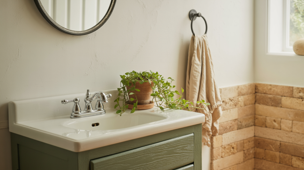 Sage green vanity and earthy tones in a warm farmhouse bathroom color palette