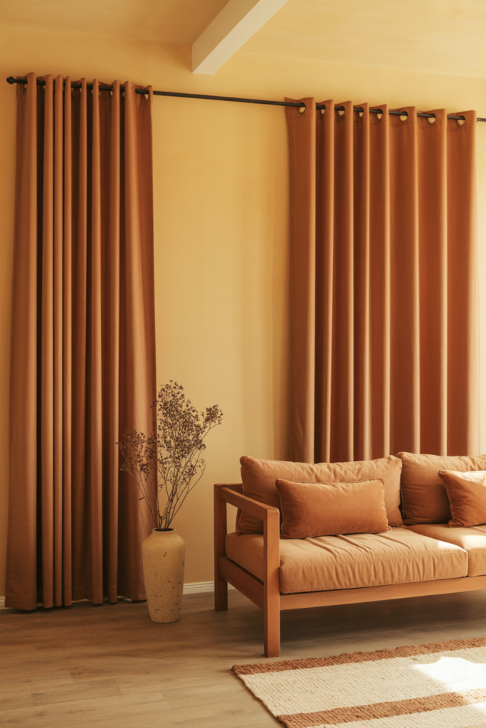 Terracotta earthy tone curtains in a warm cozy living room with wooden furniture