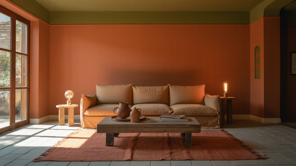Living room with terracotta walls olive green ceiling and camel linen sofa showing earthy color trends 2026