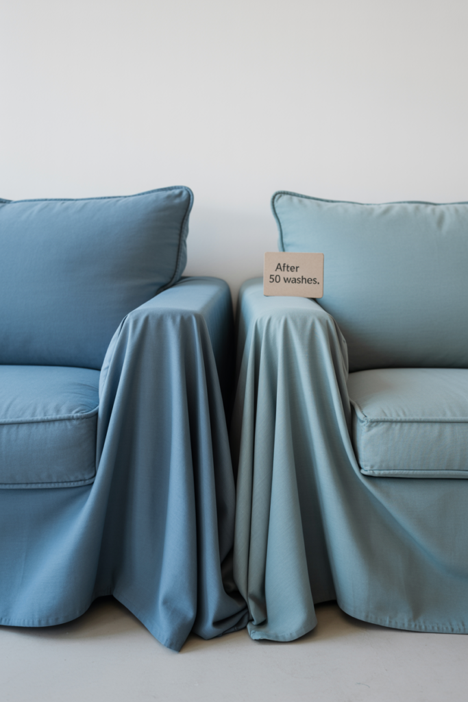 Two dusty blue Egyptian cotton sofa slipcovers side by side showing minimal color difference between new and after 50 washes