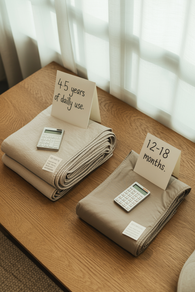 Flat lay comparison of Egyptian cotton and polyester sofa slipcovers with longevity note cards showing 4-5 years versus 12-18 months