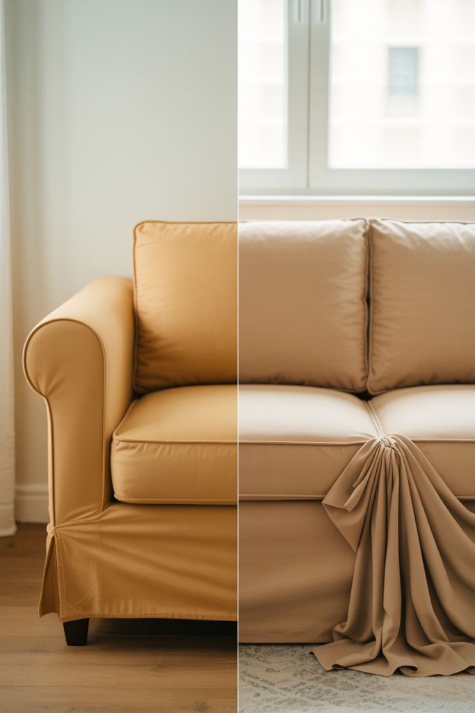 Comparison of stretch fit and loose fit Egyptian cotton sofa slipcover in warm sand color on a three-seat sofa with white walls