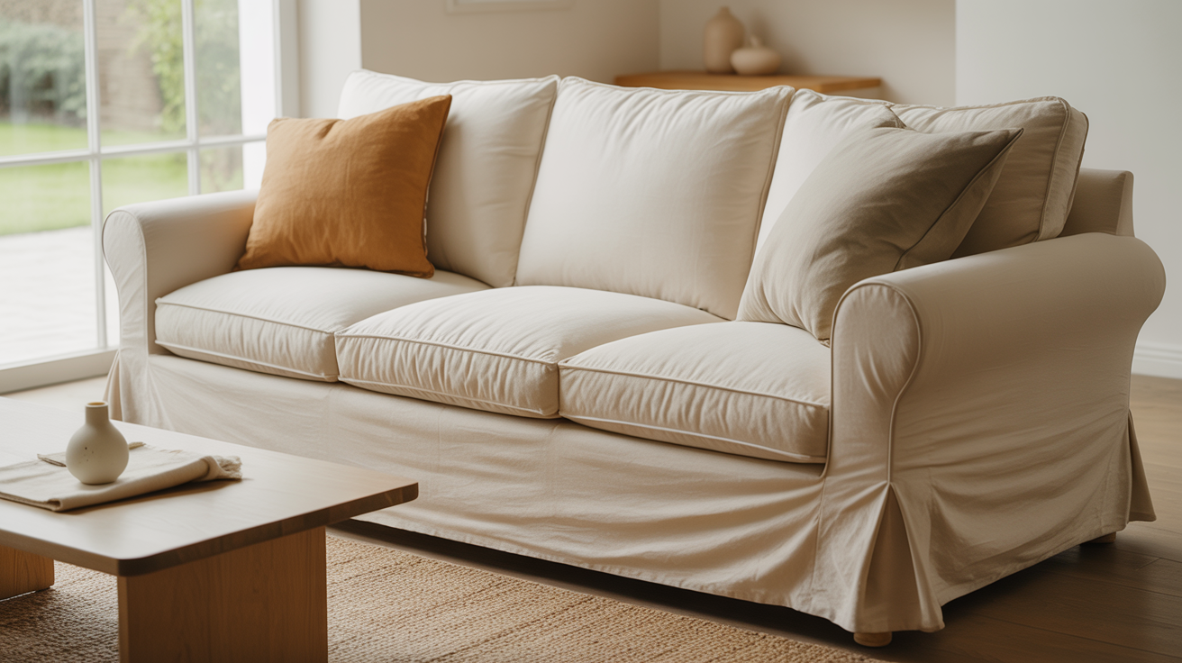 Ivory white Egyptian cotton sofa slipcover with percale weave texture on a three-seat sofa in a warm, naturally lit living room
