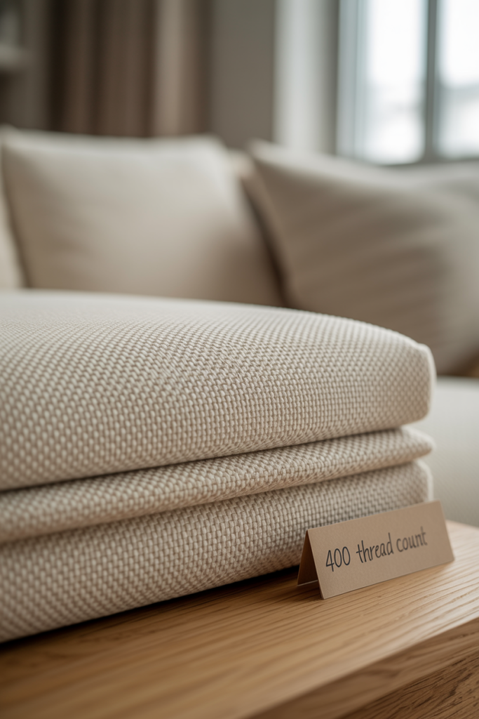 Close-up of Egyptian cotton sofa slipcover fabric swatch in warm cream showing fine thread weave texture at 400 thread count