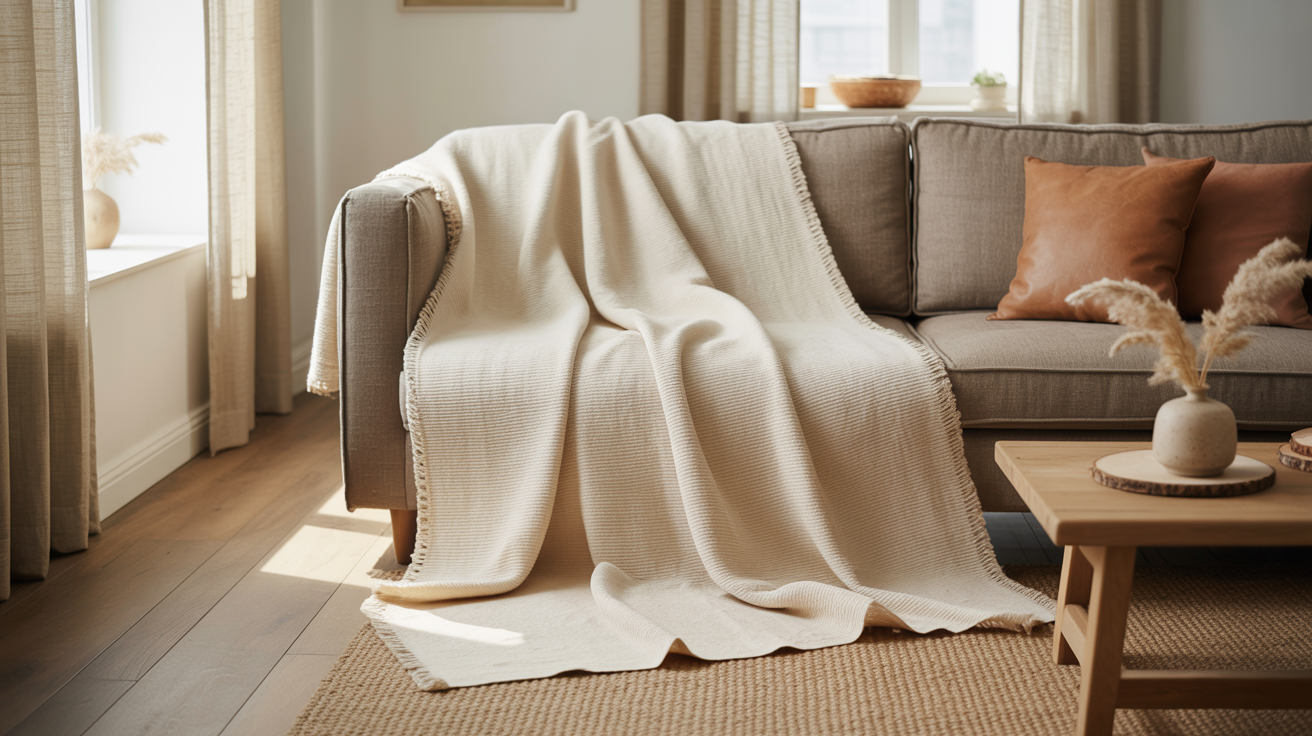 Egyptian cotton throw draped over a grey sofa in a bright, styled living room