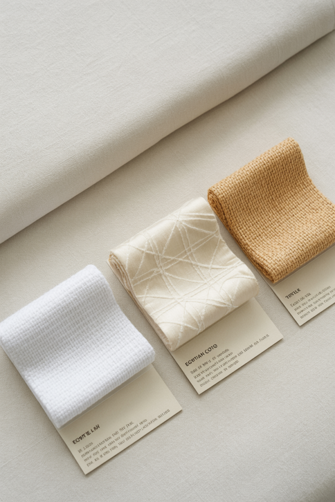 Three Egyptian cotton fabric swatches showing percale, sateen, and twill weave types for sofa slipcovers laid on a white linen surface