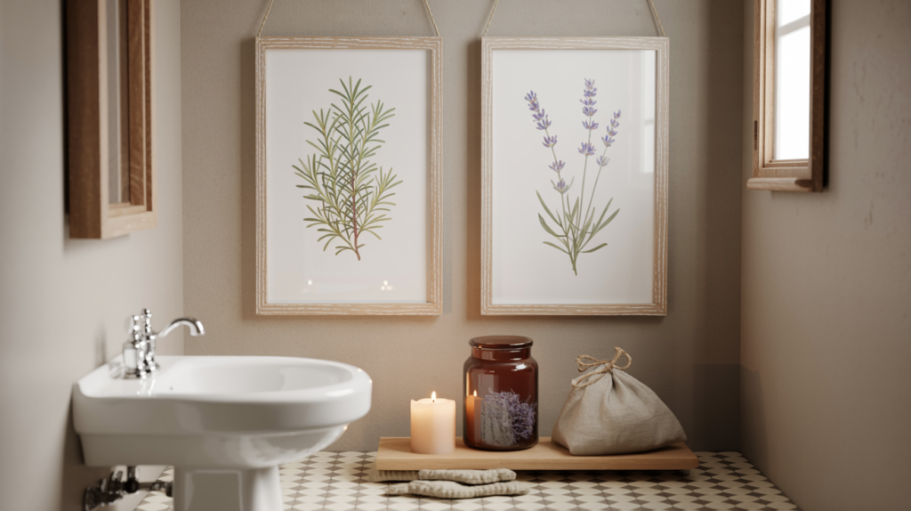 Two eucalyptus botanical prints in white frames above a freestanding bathtub in a spa-inspired bathroom with stone countertops