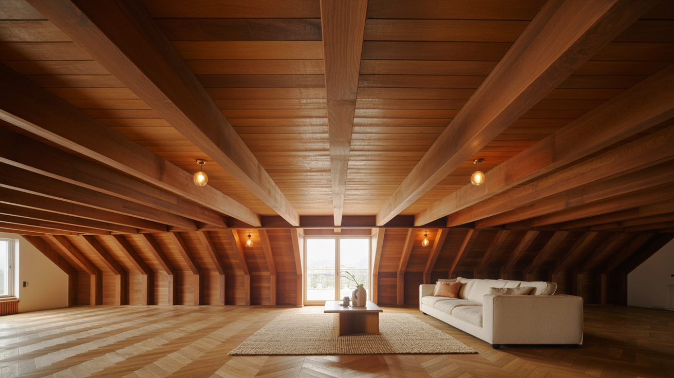 Exposed ceiling joists finished in warm walnut stain in a cosy living room with cream sofa pendant lights and oak herringbone floor