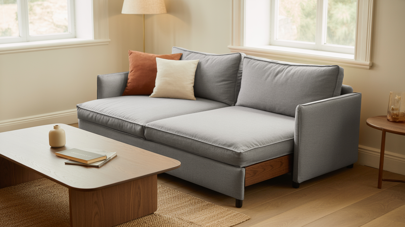 Modern living room with a contemporary gray linen sofa bed styled as a regular sofa with walnut coffee table and light oak hardwood floors