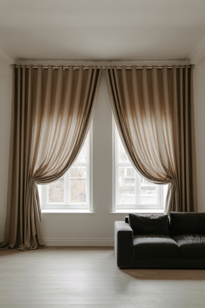 Extra wide grey linen curtains making small living room windows appear larger